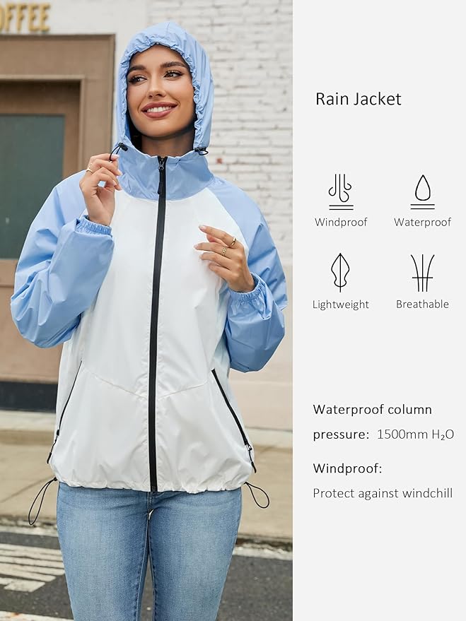PITINAN Lightweight Rain Jacket Women Packable Wind Breaker Light Rain Jacket Women Waterproof Travel Raincoat S-XXL