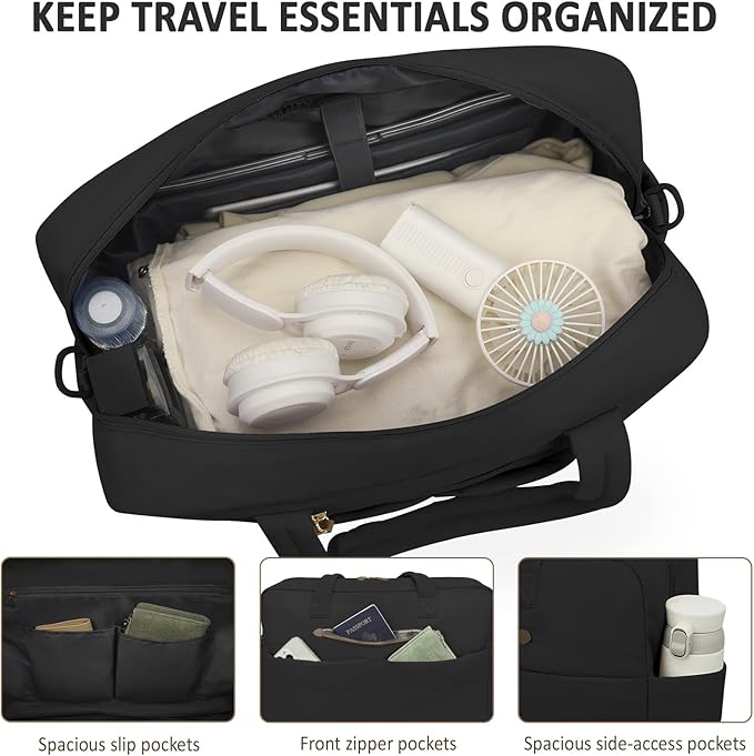 Travel Duffel Bags, Personal Item Travel Bag, Weekender Bags for Women Men Workout Duffle Gym Overnight Bag Foldable Lightweight Tote Carry On Hospital Bag, Black