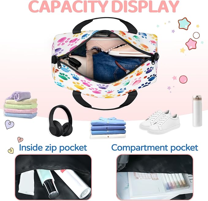 Colorful Pawprint Design Travel Duffle Bag for Women Men, Overnight Weekender Bag, Carry on Tote for Sport Gym