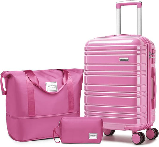 LARVENDER Carry on Luggage 22x14x9 Airline Approved, 20 Inch Hardside Suitcase with Wheels TSA Lock, PC+ABS Lightweight Travel Luggage Sets for Women, Glossy Berry, 3 Piece Set
