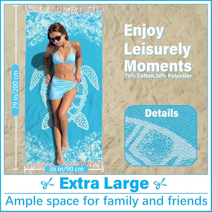 Thin Turkish Beach Towel Lightweight Soft Cotton Extra Large XL Oversized Sand Free Sandproof Absorbent Quick Dry Towels Cloud Bath Pool Travel Compact Essentials Accessories for Adult Gifts