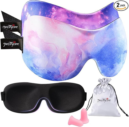 PrettyCare 3D Sleep Mask 2 Pack,Eye Mask for Side Sleeper -3D Contoured Sleeping Mask with Light Blocking for Women- No Eye Pressure Blindfold Night Masks with Ear Plugs & Travel Bag (Black& Fire)