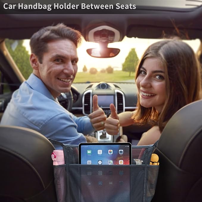 WLLWOO Car Net Pocket Handbag Holder Between Seats Back Storage Organizer Purse Holder for Console Front Seat Storage Barrier