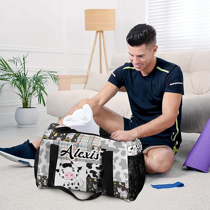 Personalized Name Sports Player Duffel Bags with Adjustable Shoulder Strap for Shoes Silver Gray Patchwork Cow Pattern Handheld Crossbody Travel Bag