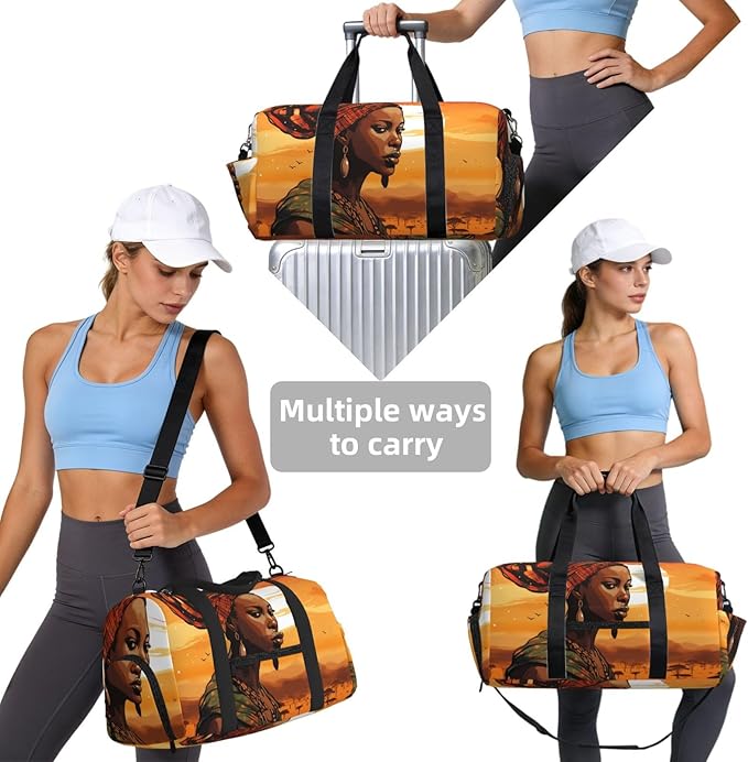 Sports Gym Bag Ethnic African Woman Pattern Travel Duffel Bag With Shoe Compartment Shoulder Strap, Lightweight Water-Resistant Weekend Overnight Totes For Women Men