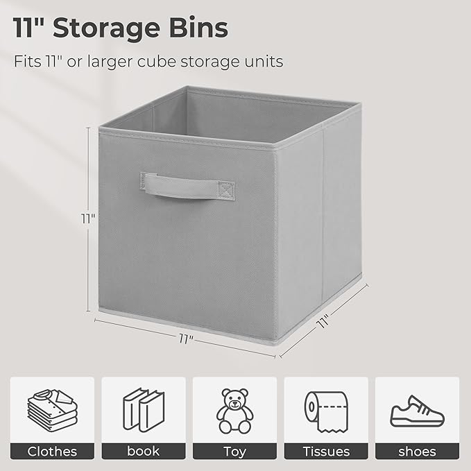 11 Inch Fabric Storage Cubes, Sturdy Foldable Storage Bins, Heavy Duty Cube Organizer for Clothes, Blankets, Shelves, Closets, Bedroom, Living Room, Gray, 8 Pack