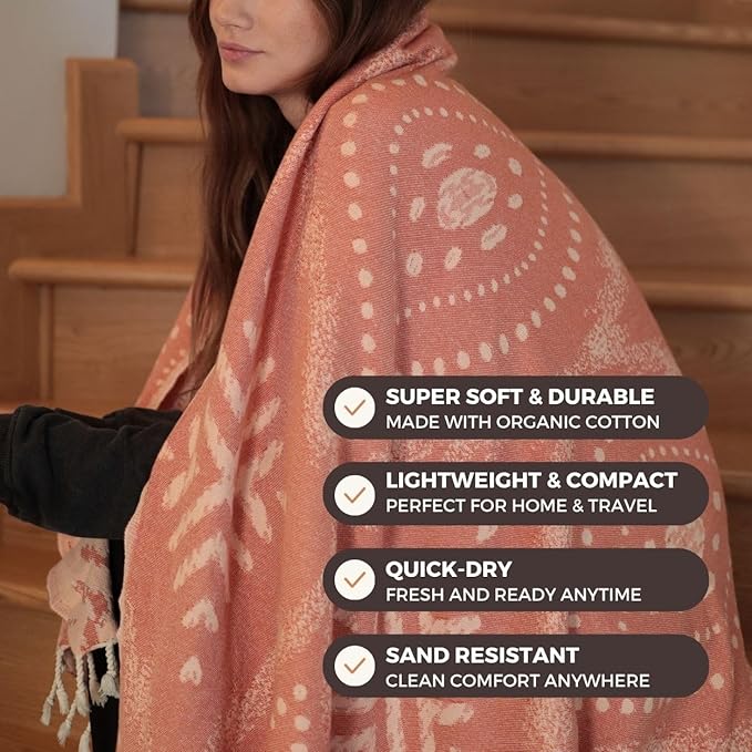 FESHKA Sand Proof Turkish Beach Towel – Oversized, Quick Dry & Lightweight Travel Towel - 100% Organic Cotton Beach Blanket - Perfect for Bath, Pool & Picnic | Damask (Rust/Beige)