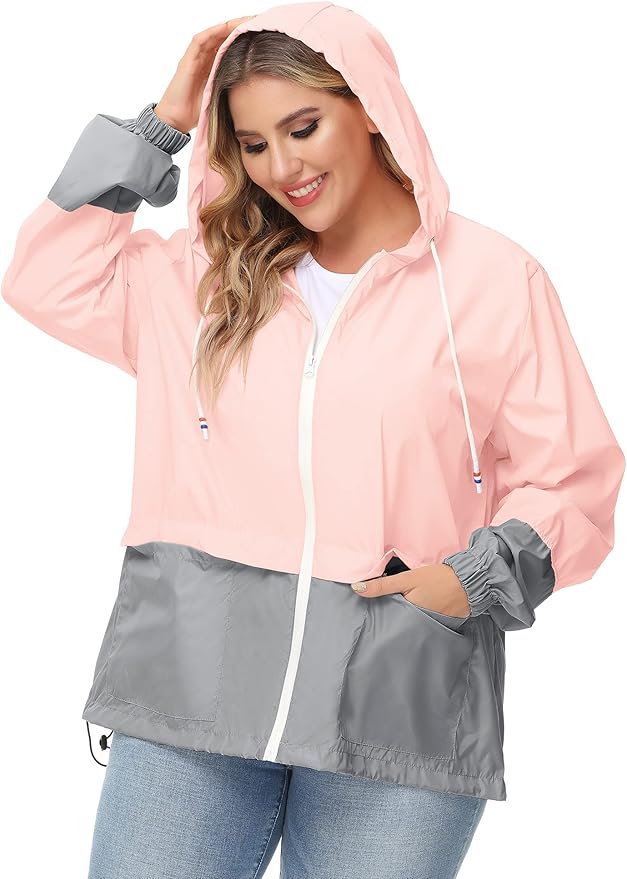 Avoogue Plus Size Raincoat Women Waterproof Rain Jacket Packable Outdoor Hooded Windbreaker