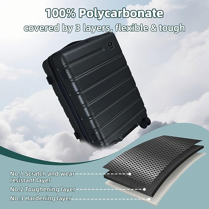 Carry on Luggage, PC Hard Shell Suitcase 22x14x9 Airline Approved TSA Lock YKK Zippered Double Spinner Wheels Lightweight Suitable for Men and Women, 20 Inch Dark Gray