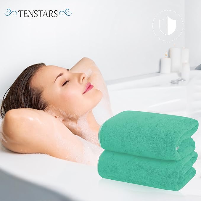 TENSTARS Silk Hemming Bath Towels for Bathroom Clearance - 27 x 55 inches - Light Thin Quick Drying - Soft Microfiber Absorbent Towel for Bath Fitness, Sports, Yoga, Travel, Gym - 2 Pack, Aqua Green