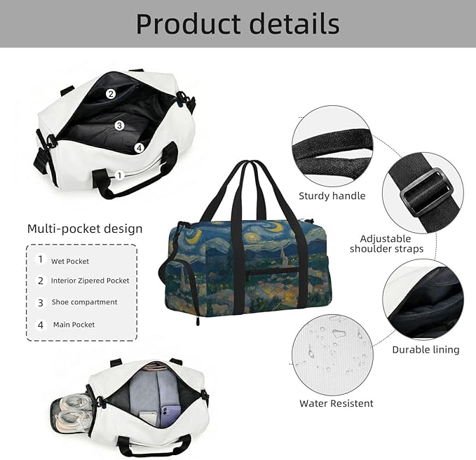 Sports Gym Bag Oil Painting Starry Art Travel Duffel Bag With Shoe Compartment Shoulder Strap, Lightweight Water-Resistant Weekend Overnight Totes For Women Men