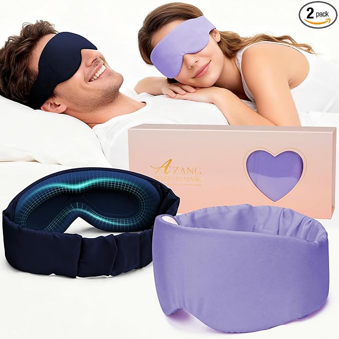 Silk Sleep Mask for Women & Men - 2 Pack Eye Masks for Sleep, 100% Blackout Sleeping Mask, 3D Zero Pressure Side Sleeper Night Blindfold Eye Cover for Travel Nap Couple (Purple & Blue)