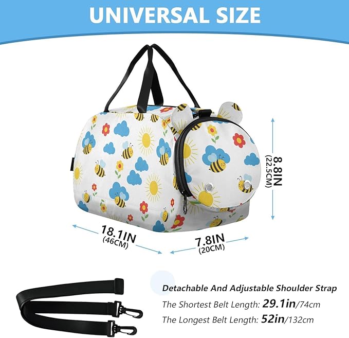 Bee Sun Cloud Gym Bag Kids Sports Duffle Dance Bag Carry On Small Travel Weekender swim Bags with Shoes Pocket for Girls Boys Women Airplanes Ttrip Sports Yoga