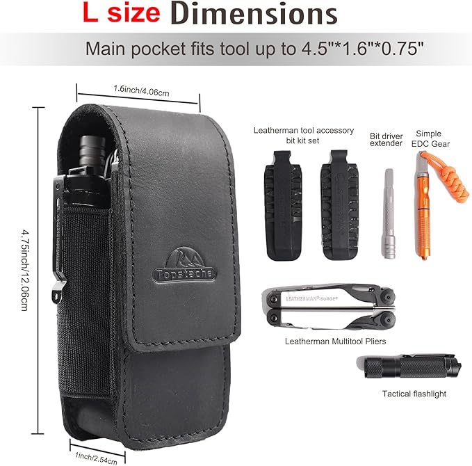 Topstache Multitool Sheath with Belt Clip - EDC Belt Organizer Multi Tool Case - Leather Multitool Holster for Belt - Magnetic Closure Leather Multitool Pouch Fits Folding Tool, Black
