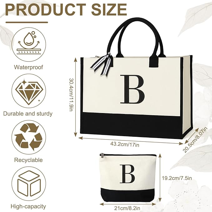 Personalized Canvas Tote Bag for Women Makeup Pouch Initial Beach Bag Removable Bottom Board for Travel Birthday