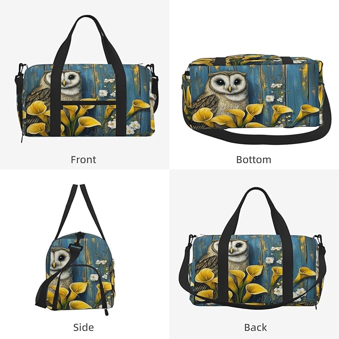 Sports Gym Bag Owl Yellow Calla Lilies Wooden Board Travel Duffel Bag With Shoe Compartment Shoulder Strap, Lightweight Water-Resistant Weekend Overnight Totes For Women Men