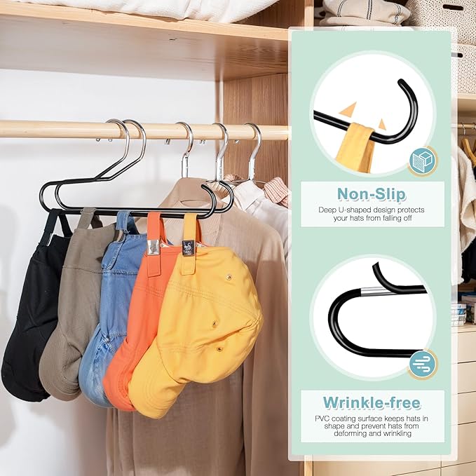 Hat Storage Organizer for Baseball Caps, Lomrsiul Non Slip PVC Coating Hat Rack Hangers for Closet Hat Holder Max 10 Hats Closet Organizers and Storage for Cap Purse Belt Tie Bra Black 4 Pack
