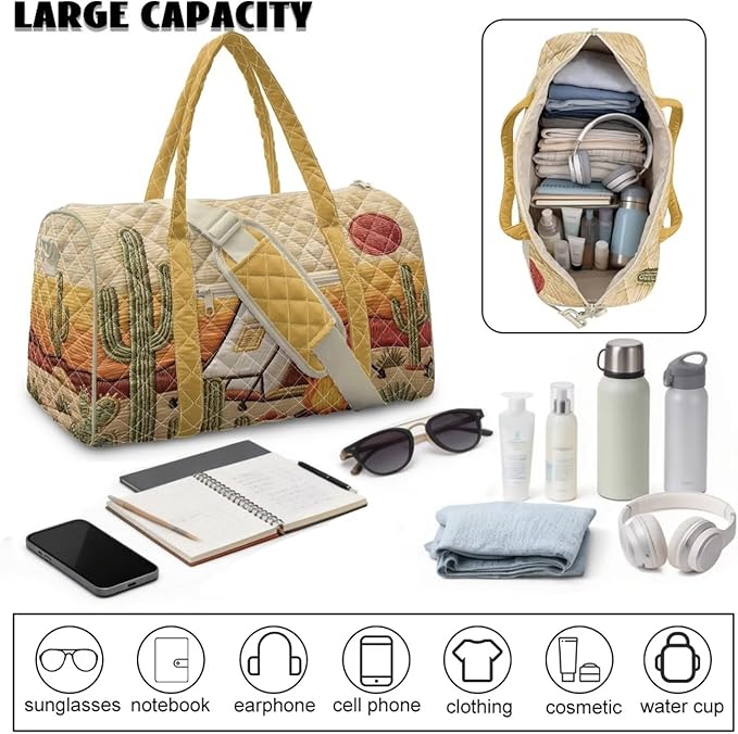 COEQINE Brown Desert Cactus Print Quilted Bag Light Weight Travel Duffel bag with Large Loading Capacity, Duffel bag with Shoulder Strap for Travel Camping Sports