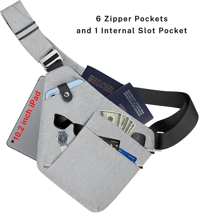 VADOO Anti-theft Sling Bag, RFID Blocking Crossbody Bag for Women and Men Lightweight Shoulder Chest Bag for Travel Sport, Grey 2.0, Large