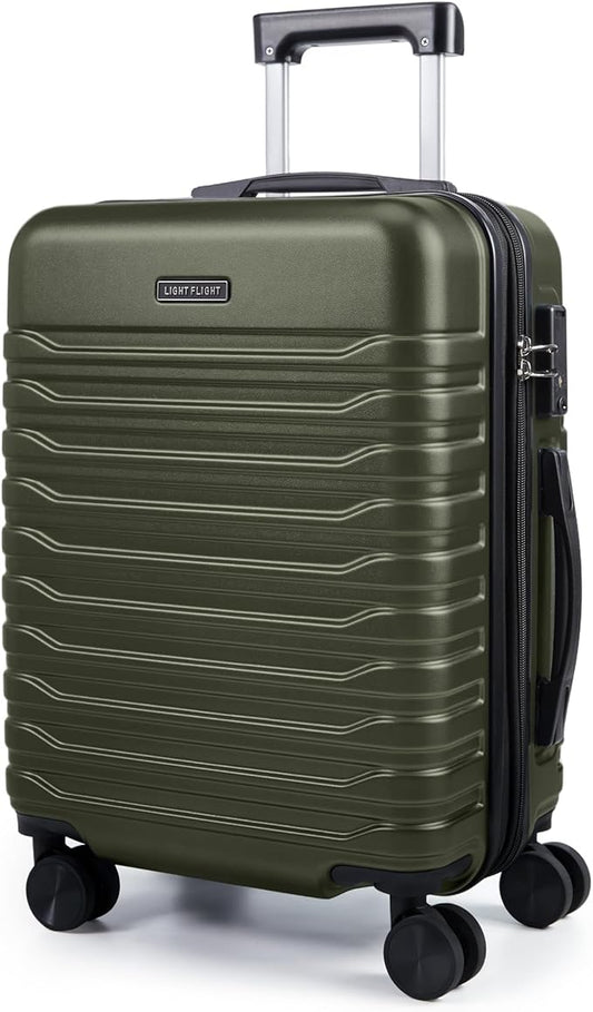 LIGHT FLIGHT Expandable Carry On Luggage 22x14x9 Airline Approved with Double Spinner Wheels, 20 Inch Lightweight Hard Shell Rolling Suitcases with TSA Lock, Olive