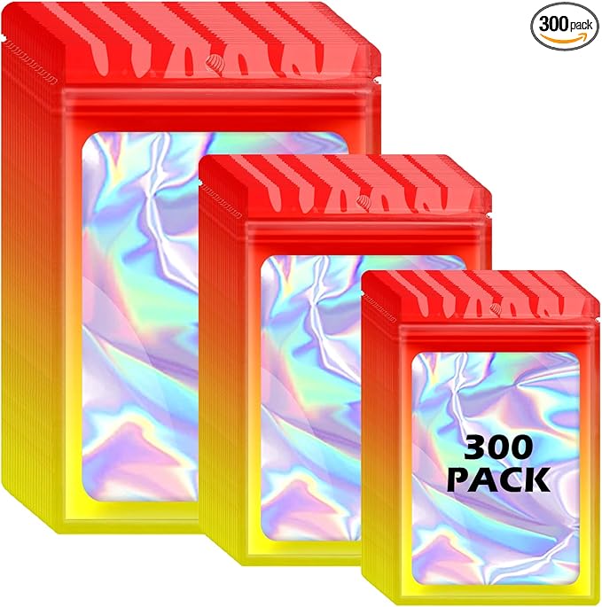 300 Pcs Reusable Holographic Mylar Bags, 3 Sizes, Smell Proof, Airtight, Multi-layered Polyethylene (PE) with Zipper Closure, Red Yellow