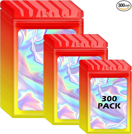 300 Pcs Reusable Holographic Mylar Bags, 3 Sizes, Smell Proof, Airtight, Multi-layered Polyethylene (PE) with Zipper Closure, Red Yellow