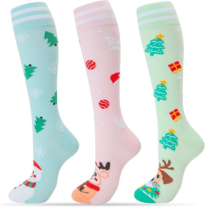 fenglaoda 3 Pairs Compression Socks for Women & Men Knee High Nurse Pregnant Cute Medical Running Travel Athletic
