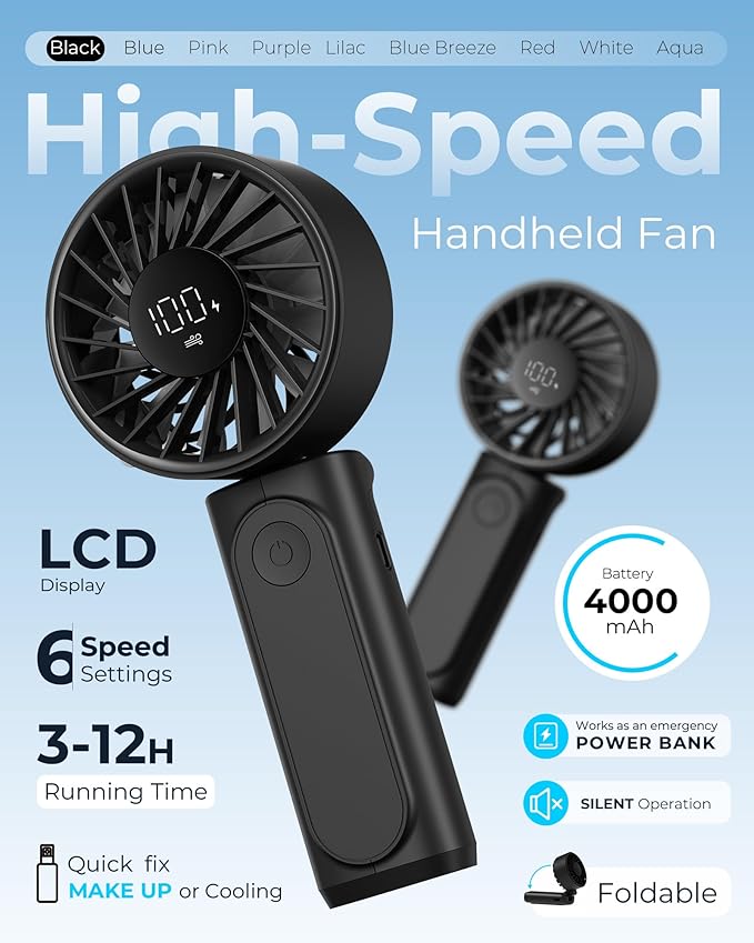 Handheld Fan, Portable Fan, 4000mAh Rechargeable Personal, 180° Foldable Mini Desk Fan with 6 Wind Speed, LCD Digital Display, Lanyard as Neck, Ultra Quiet, Pocket Size for Indoor Outdoor