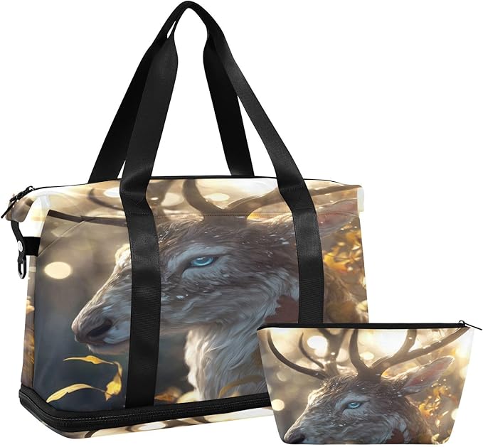 Travel Duffel Bags for Women Golden Autumn Deer Print Sports Duffel Bags Gym Bags with Shoes Compartment Tote Bag Weekender Bag for Travelling