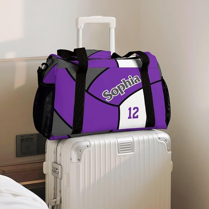 Custom Volleyball Purple Duffel Bag with Name Personalized Travel Bags Sport Gym Bag Carry On Weekender Bags for Men Women