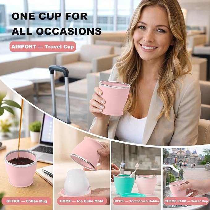 Collapsible Travel Cup, BPA-Free Reusable Water Cup, Lightweight Drinking Cups with Lids and Carrying Strap, Dishwasher Safe Silicone Cups for Camping, Travel, Airports, Hotel (6.7oz, Pink)