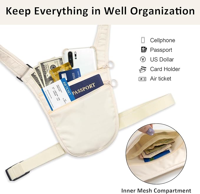 Long Keeper Money Belt for Travel Anti-Theft Crossbody Passport Holder for Women Men Hidden Slim Neck Wallet Under Clothes (White)