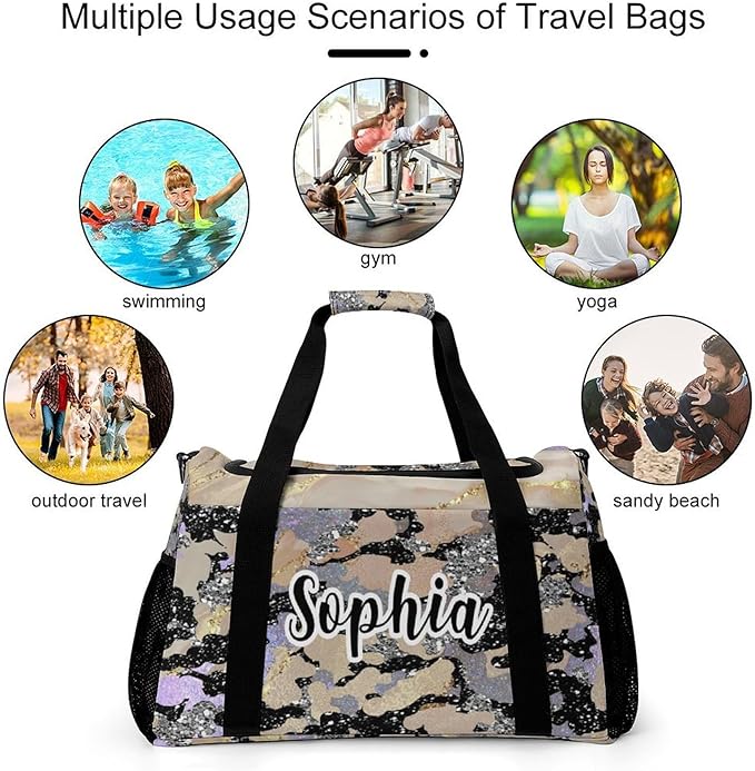 Khaki Grey Camo Sparkle Print Waterproof Duffel Bag, Adjustable Shoulder Strap Pack, Perform Training Travel Bag for Teens Adults Women Men