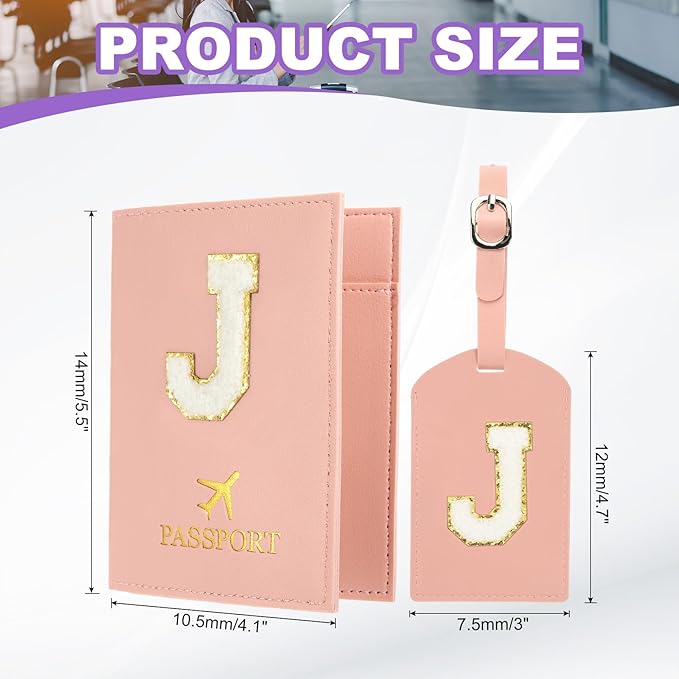 PATIKIL Passport Holder for Travel, Initial Passport Cover and Luggage Tag Set with Alphabet Chenille Letter Patch Travel Wallet Bag Suitcase Identifier for Women Family Travel Pink J