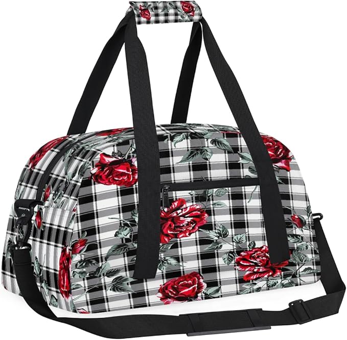 Travel Duffle Bag, Red Rose Black White Plaid Waterproof Weekender Overnight Bags for Women Men Lightweight Carry on Duffle Gym Bag for Travel, Sports, Fitness, Workout