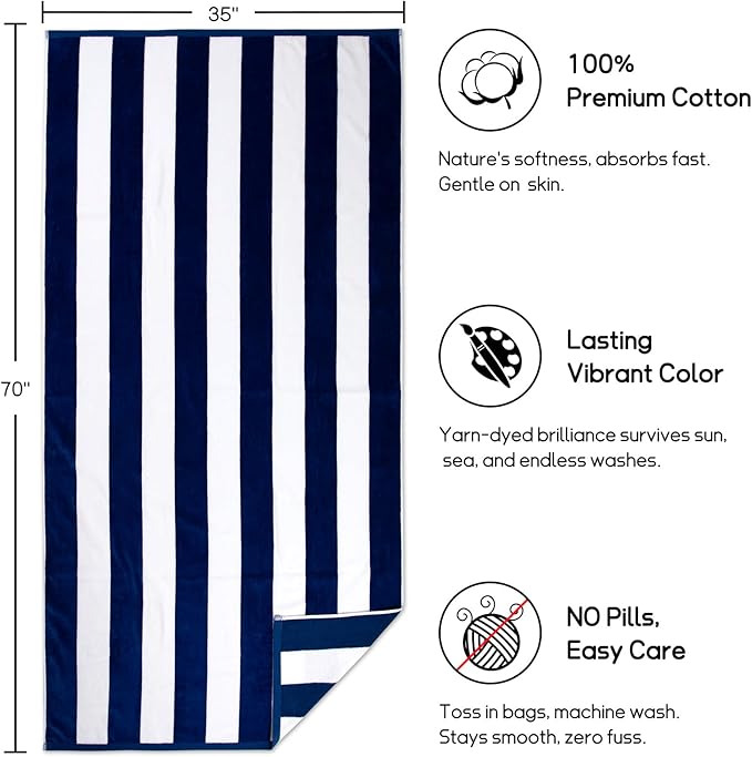 cabanana Large Oversized Beach Towel - 35 x 70 Inch Cotton Pool Towel, Royal Blue Striped Soft Cabana Swim Towel
