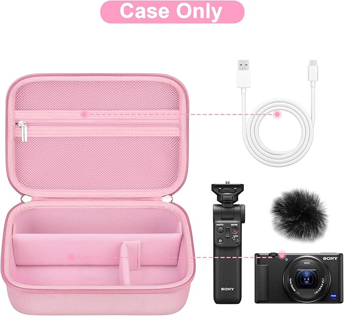 Canboc Carrying Camera Case for Sony ZV-1F/ ZV-1/ ZV-1II Vlog Digital Camera & Vlogger Accessory Kit Tripod, Travel Storage Bag with Strap, Mesh Pocket fit Cable, Pink