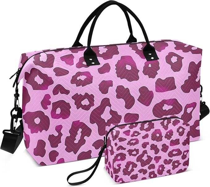 Travel Duffle Bag, Leopard Rose Purple Pink Pattern Gym Bag with Storage Bag Weekender Overnight Bag for Men Women Trip Sports Yoga