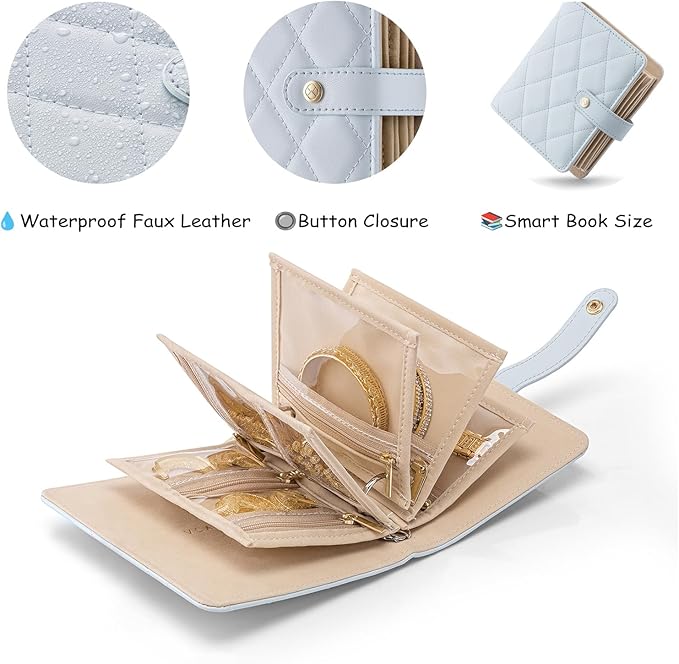 Vlando Small Jewelry Book Organizer - Leather Travel Jewelry Case with 5 Detachable Pages for Necklaces, Rings, Earrings, Tangle-Free, Giftable, Baby Blue