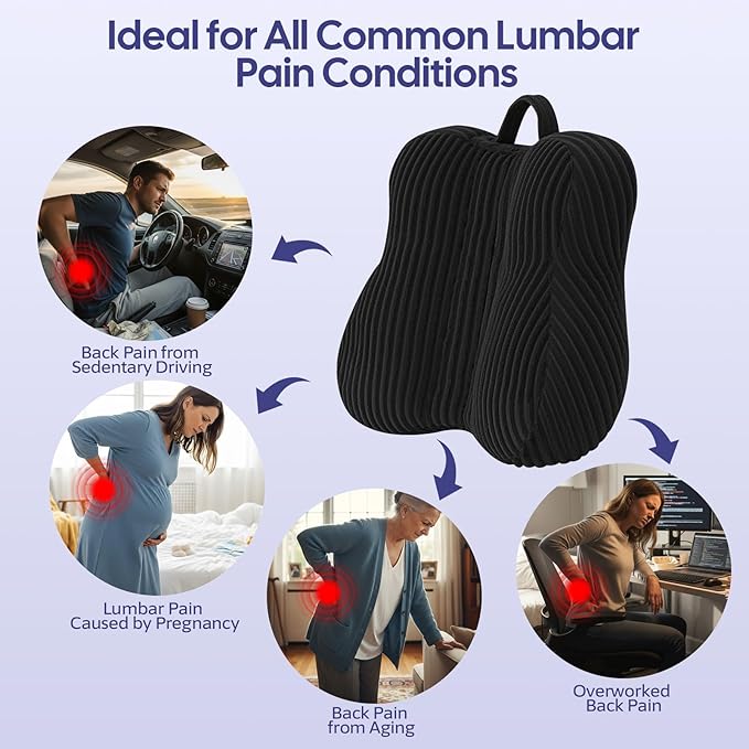 Lumbar Support Pillow for Recliner, Back Support Pillow for Office Chair, Back Cushion with Shredded Foam for Back Pain Relief & Reading, Lumbar Cushions for Couch, Sofa Seat, Car, Black
