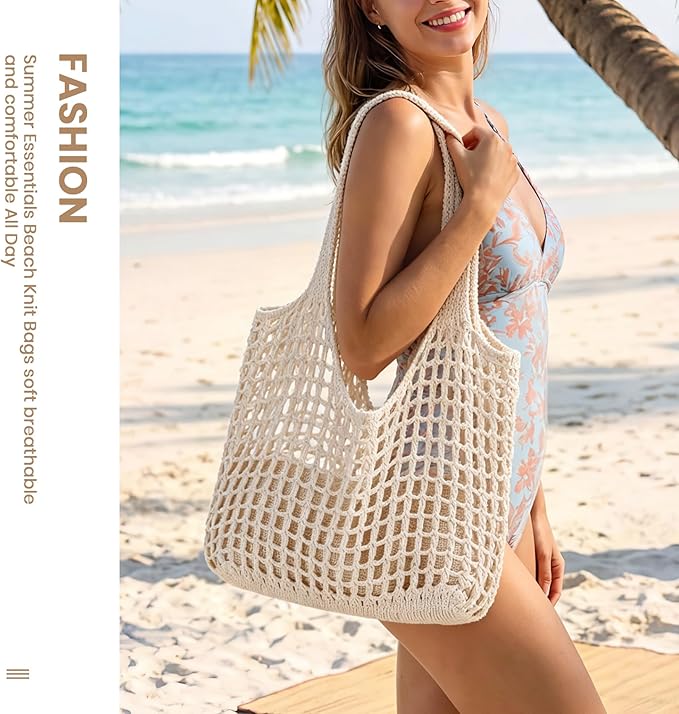 SUOSDEY Crochet Mesh Beach Tote Bag, Knit Summer Vacation Aesthetic Boho Tote Bag for Women