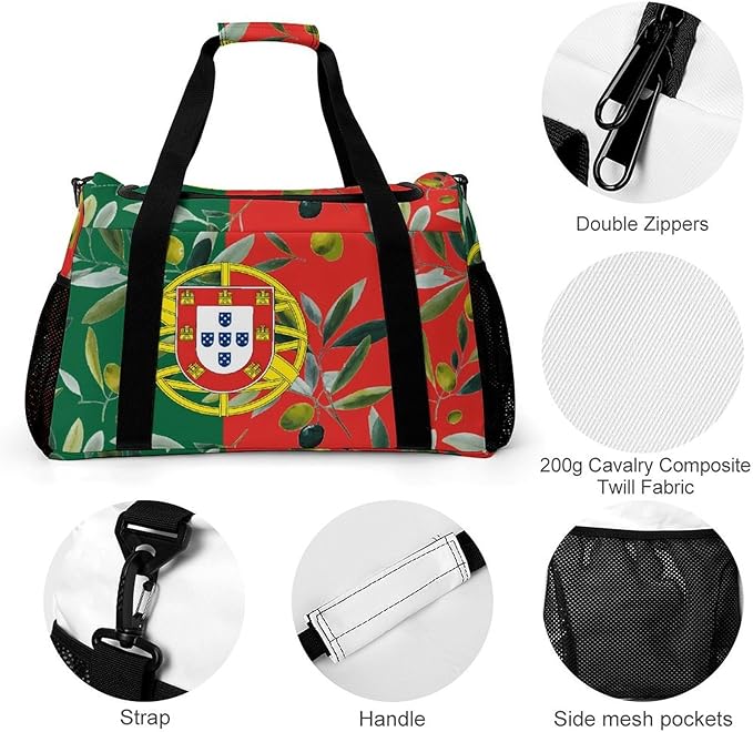 Portugal Flag Portuguese Olives Duffle Bag Gym Bag for Workout Travel Tote with Detachable Straps