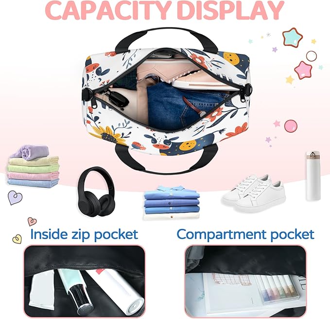 Cows Flower Travel Duffle Bag for Women Men, Overnight Weekender Bag, Carry on Tote for Sport Gym