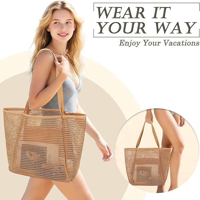 Beach Bag for Women with Outer Pocket, Waterproof Large Tote Bag for Cruise Essentials