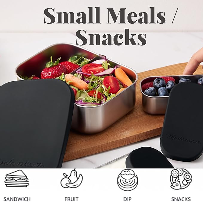 27 OZ Leak proof Stainless Steel Lunch Box containers, Stainless Steel Lunch Containers, Bento box, Metal Lunch Containers, Snacks container, Black, Small - 27 Oz+ 2 * 6.5Oz