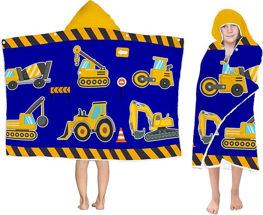 Excavator Hooded Beach Towel for Boys, Soft & Absorbent Truck Excavator Poncho Towel, 30”x50” Construction Truck Bathrobe for Kids Cool Cartoon, Quick Dry Swim, Pool, and Bath Time