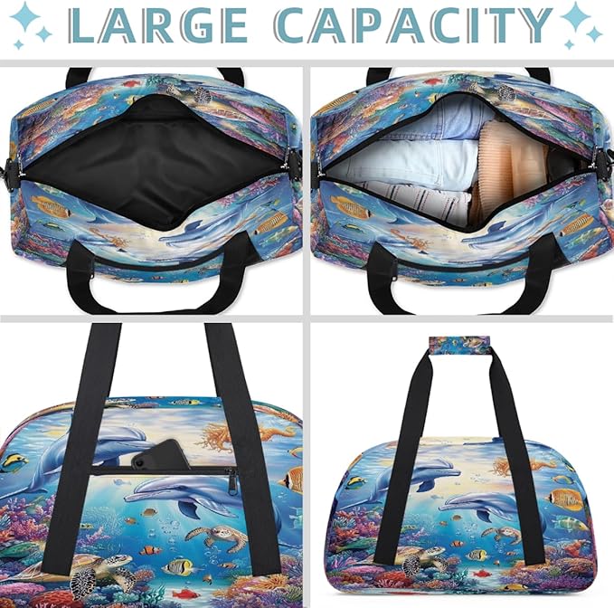 Kids Duffle Bag Girls Boys Sea Marine Dolphin Turtle Fish Weekender Overnight Bag,Lightweight Duffel Bags for Traveling Gym Sport Dance