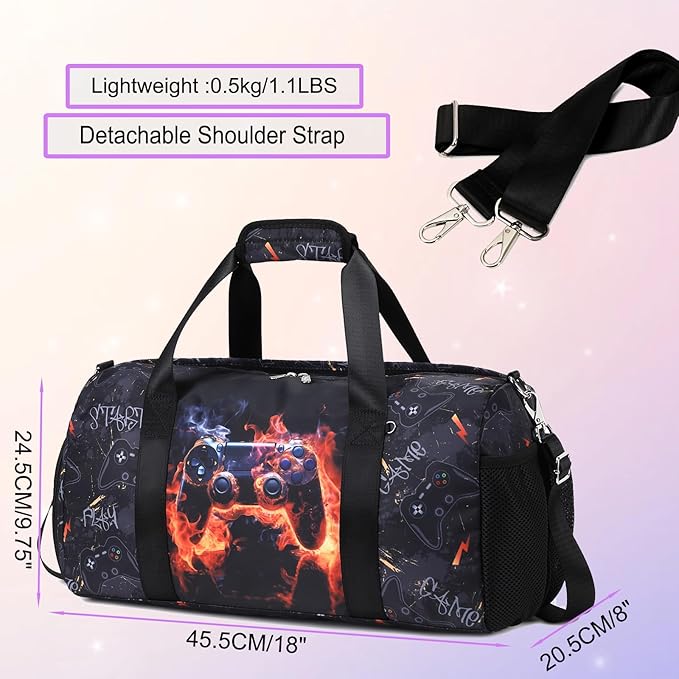 Kids Duffle Bag For Boys Overnight Travel Bag Sport Gym Bag With Shoes Compartment Dry And Wet Pocket Carry On Weekender Bag (Red Flame Game)