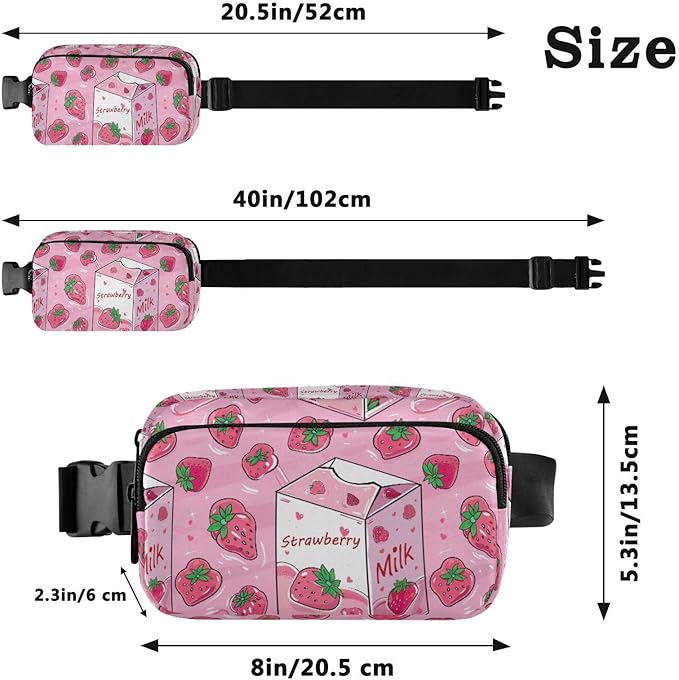 Kawaii Pink Strawberry Milk Fanny Pack for Women Men Water Resistant Fashion Waist Packs with Adjustable Strap Belt Bag for Travel Workout Jogging Hiking 21219124
