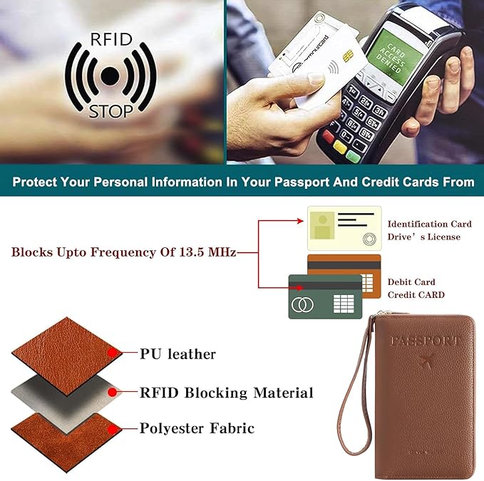 Multi-Functional Passport Holder Cover with Purse Charms,Premium Travel Wallet RFID Blocking Passport Cover Card Case for Holds Phones, Passports, Cash, Cards & Boarding Passes-Brown